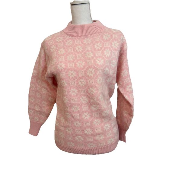 Vintage 80s Tomboy Pink Fair Isle Snowflake Acrylic Sweater – Made in Hong Kong - Picture 1 of 9